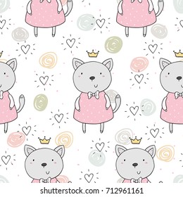 Seamless pattern with cute little cat. vector illustration.