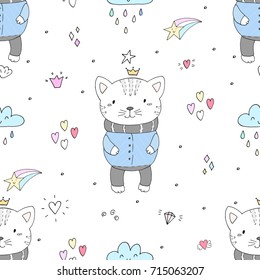 Seamless pattern with cute little cat. vector illustration.