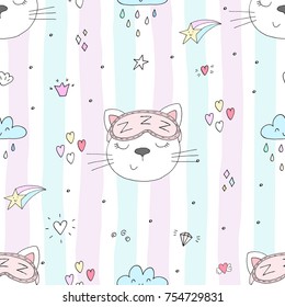 Seamless pattern with cute little cat. vector illustration.