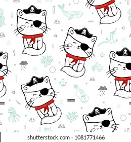 Seamless pattern with cute little cats pirates. All elements are  hidden under mask. Pattern are not cropped and can be edited. Cute vector illustration. Hand-drawn kittens. Animals. Sea, ocean