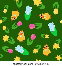 Seamless pattern cute little chick and spring flowers daffodils, tulips. Ornament for children's textiles, packaging, background design in cartoon style.