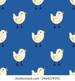 Seamless pattern with cute little chickens on blue background. Modern background. Vector illustration 