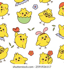 Seamless pattern with cute little chickens  on white background.