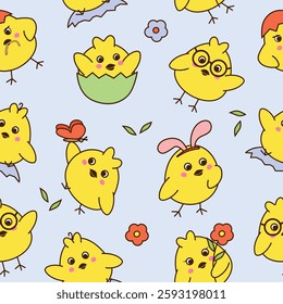 Seamless pattern with cute little chickens  on blue background.
