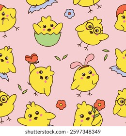 Seamless pattern with cute little chickens  on pink background.