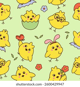Seamless pattern with cute little chickens on green background.
