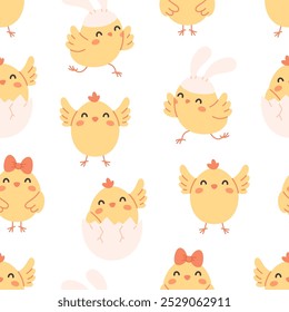 Seamless pattern with cute little chicks. Easter chicks. Farm animals pattern. Vector illustration in flat style