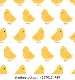 Seamless pattern with cute little chicks on white background. Farm animals. Easter birds. Yellow chicken babies. Vector flat illustration for wallpaper, textile, packaging 