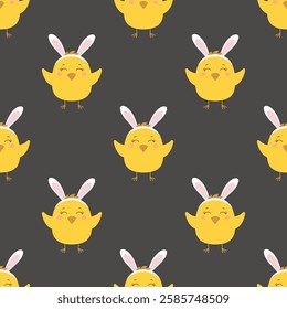 seamless pattern with cute little chicks in easter bunny ears, flat easter vector illustration