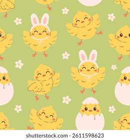 Seamless pattern with cute little chicks. Easter chicks. Design for banner, wallpaper, textile, wrapping paper, background, cards. Vector illustration in flat style