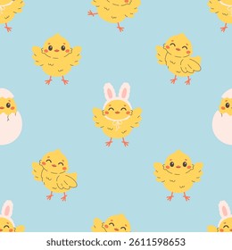 Seamless pattern with cute little chicks. Easter chicks. Design for banner, wallpaper, textile, wrapping paper, background, cards. Vector illustration in flat style