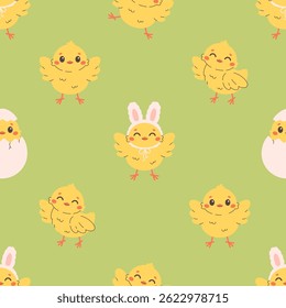 Seamless pattern with cute little chicks. Easter chicks. Design for banner, wallpaper, textile, wrapping paper, background, cards. Vector illustration in flat style