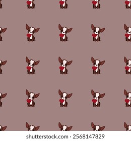 Seamless pattern with cute little chihuahua dogs with a heart in their mouth for Valentine's Day