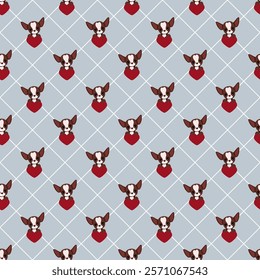 Seamless pattern of cute little chihuahuas in a checkerboard pattern with diagonal lines