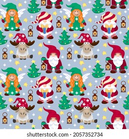 Seamless pattern Cute Little Christmas Gnome Vector Illustration Set, Scandinavian Nordic Gnome, Cute Christmas Santa Gnome Elf.  Nordic element design for greeting cards, season greetings, web