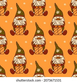 Seamless pattern. Cute little Christmas gnome is sitting and holding a box with a gift. Snowing. Colorful vector illustration hand drawn card. Merry Christmas. Happy new year print, wrapping or fabric