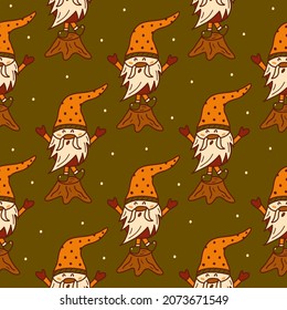 Seamless pattern Cute little Christmas gnome stands on a tree stump and sings a song. Snowing. Colorful vector illustration hand drawn card. Green background and snowflakes. Print or wrapping