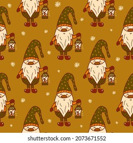Seamless pattern. Cute little Christmas or garden gnome is holding a flashlight with burning candles. Snowing. Holiday New Year print. Colorful vector illustration hand drawn
