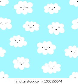Seamless pattern with cute little clouds on a blue background.