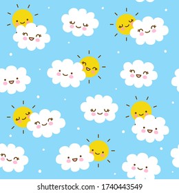 Seamless pattern with cute little clouds with sun on blue sky - kawaii background for kids textile design