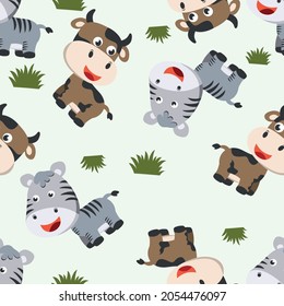 seamless pattern of cute little cow and zebra in the jungle. Creative vector childish background for fabric textile, nursery, baby clothes, wrapping paper and other decoration.