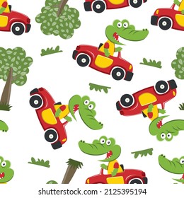 Nahtloses Muster süßer Krokodile, die ein Auto fahren, geht zu Waldkomischen Tierkarikaturen, Vektorgrafik. Vektorgrafik. T-Shirt Design für Kinder. Design-Elemente für Kinder.