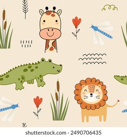 Nahtloses Muster mit niedlichen kleinen Krokodil, Giraffe, Löwe und Gras Blume für Ihren Stoff, Kinder Textil, Kinderzimmer Dekoration, Geschenkpapier, Kinder Bettwäsche.