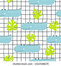 Seamless pattern with cute little crocodine and monsters leaf. Kids textile print. Vector hand drawn illustration.