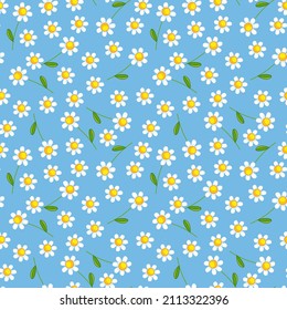 Seamless pattern with cute little daisies on a blue background. Vector illustration with childish print for clothes, postcards, textiles. Spring wild flowers with outline