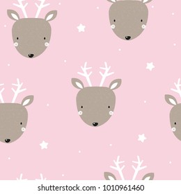 Seamless pattern with cute little deer. Vector hand drawn illustration.