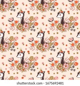 Seamless pattern of Cute Little Deer and Floral Wreath. Background with Baby Girl Princess Deer with Flower Frame. Cartoon Animal Print Vector illustration. Lovely Spring or Summer Theme Wallpaper