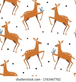 Nahtloses Muster mit süßem Hirsch. Die Textur der sonnigen Waldtiere. Flache Illustration für Kinderdesign, Tapete, Verpackung, Textilien, Paketdesign. Natur, Tierwelt. Zoo, Vektorhintergrund