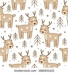 Seamless pattern with cute little deers in forest isolated on white background - cartoon characters for funny Christmas and New Year winter design