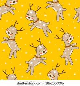 Patrón sin foco con adorables ciervos sobre fondo amarillo - personajes de caricatura para divertidos diseños navideños y de invierno de Año Nuevo