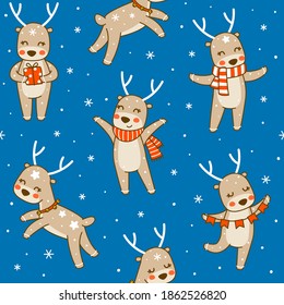 Seamless pattern with cute little deers on blue background - cartoon characters for funny Christmas and New Year winter design
