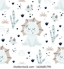 seamless pattern with cute little dino on a white background - vector illustration, eps