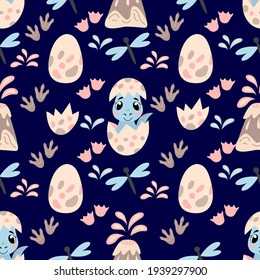 Seamless pattern with a cute little dino and eggs, in vector graphics, on dark  blue background. For wallpaper, covers, wrapping paper, childrens clothing, t-shirts, scrapbooking.