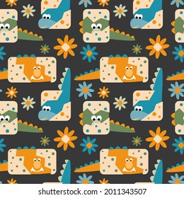 Seamless pattern with a cute little dino hatching from the eggs with polka dot eggshell and flowers, kids dark background for covers, wrapping paper, childrens fabric textile vector illustration