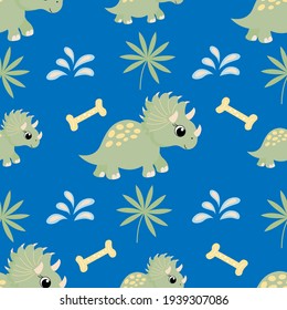 Patrón sin foco con un lindo dinosaurio en gráficos vectoriales, en un azul   de fondo. Para papel de pared, cubre cuaderno, papel de envoltura, ropa para niños, camisetas, scrapbooking, pijamas