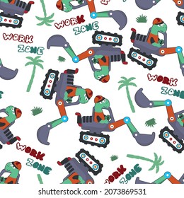 Seamless pattern of Cute little dinosaur on a blue excavator. Can be used for t-shirt print, kids wear fashion design, print for t-shirts, baby clothes, poster. and other decoration.
