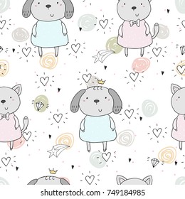 Seamless pattern with cute little dog and cat. vector illustration.