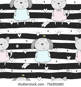 Seamless pattern with cute little dog and cat. vector illustration.
