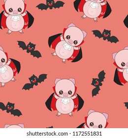 Seamless pattern cute little dracula pig cartoon with funny bat.Trick or treat.Happy halloween concept.Character design.Vector illustration.