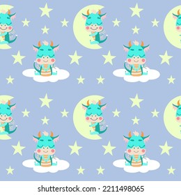 Seamless pattern with cute little dragons sleeping for half a month and sitting on a cloud. Good night. Delicate pastel background for nursery wallpaper and design for children.