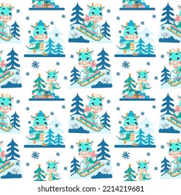 Seamless pattern with cute little dragons sledding down a slide, skating on ice and decorating a Christmas tree. Winter New Year background for packaging, wallpaper and children's design