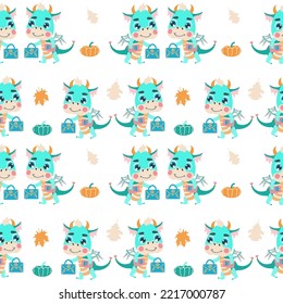 Seamless pattern with cute little dragons walking about the autumn street. Background for packaging, wallpaper, and children's design