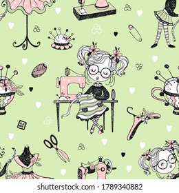 Seamless pattern with cute little dressmaker and sewing accessories. Vector.