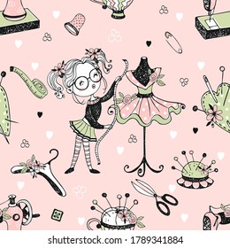 Seamless pattern with cute little dressmaker with sartorial mannequins and sewing accessories. Vector.