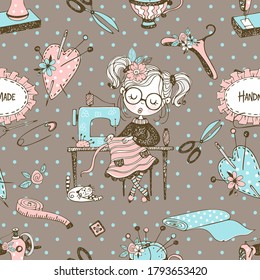 Seamless pattern with cute little dressmaker and sewing accessories. Vector.