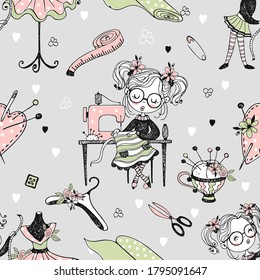 Seamless pattern with cute little dressmaker and sewing accessories. Vector.